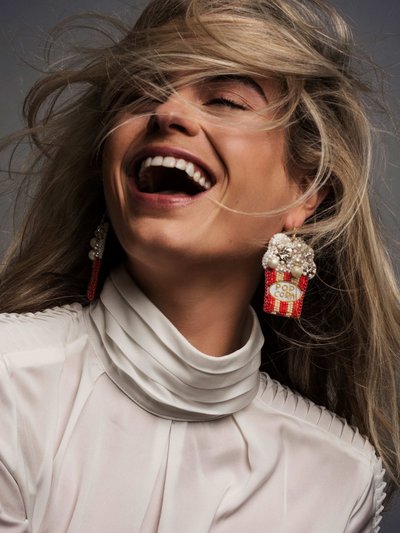 Woman wearing popcorn earring from Miccy’s Jewels
